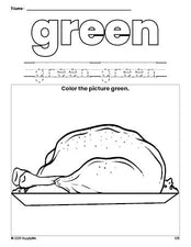 Free Thanksgiving turkey color green coloring page and color worksheet, green worksheet for preschoolers to learn colors, printable PDF