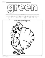 Free Thanksgiving turkey color green coloring page and color worksheet, green worksheet for preschoolers to learn colors, printable PDF