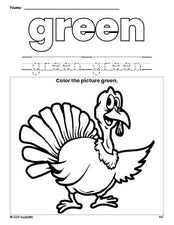 Free Thanksgiving turkey color green coloring page and color worksheet, green worksheet for preschoolers to learn colors, printable PDF