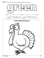 Free Thanksgiving turkey color green coloring page and color worksheet, green worksheet for preschoolers to learn colors, printable PDF