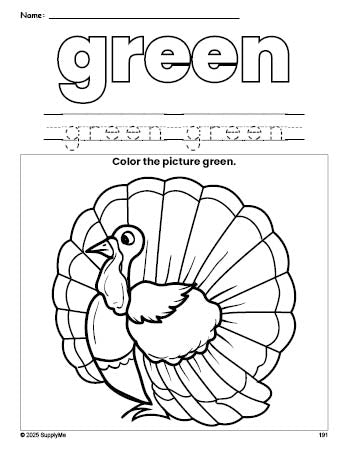 Free Thanksgiving turkey color green coloring page and color worksheet, green worksheet for preschoolers to learn colors, printable PDF