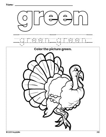 Free Thanksgiving turkey color green coloring page and color worksheet, green worksheet for preschoolers to learn colors, printable PDF