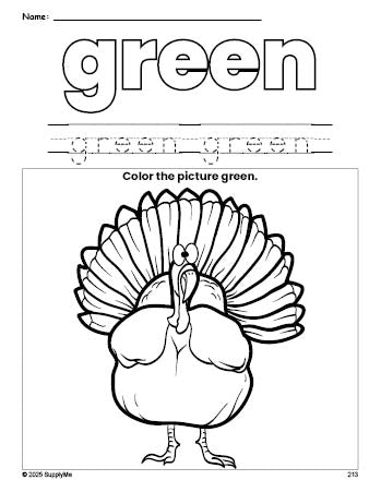 Free Thanksgiving turkey color green coloring page and color worksheet, green worksheet for preschoolers to learn colors, printable PDF