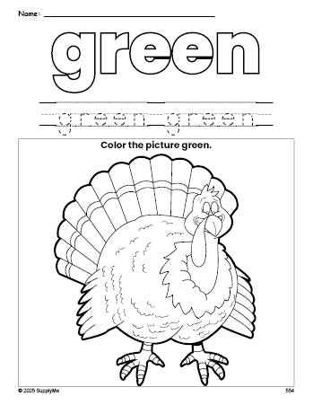 Free Thanksgiving turkey color green coloring page and color worksheet, green worksheet for preschoolers to learn colors, printable PDF