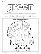 Free Thanksgiving turkey color green coloring page and color worksheet, green worksheet for preschoolers to learn colors, printable PDF