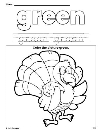 Free Thanksgiving turkey color green coloring page and color worksheet, green worksheet for preschoolers to learn colors, printable PDF