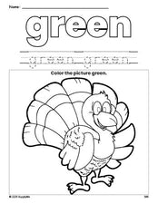 Free Thanksgiving turkey color green coloring page and color worksheet, green worksheet for preschoolers to learn colors, printable PDF