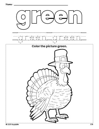 Free Thanksgiving turkey color green coloring page and color worksheet, green worksheet for preschoolers to learn colors, printable PDF