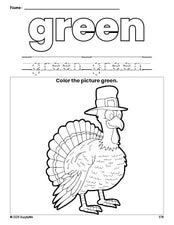 Free Thanksgiving turkey color green coloring page and color worksheet, green worksheet for preschoolers to learn colors, printable PDF