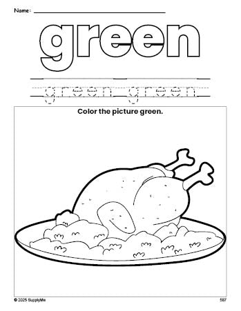 Free Thanksgiving turkey color green coloring page and color worksheet, green worksheet for preschoolers to learn colors, printable PDF