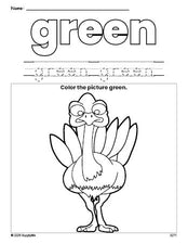 Free Thanksgiving turkey color green coloring page and color worksheet, green worksheet for preschoolers to learn colors, printable PDF