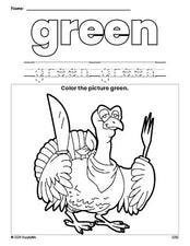 Free Thanksgiving turkey color green coloring page and color worksheet, green worksheet for preschoolers to learn colors, printable PDF