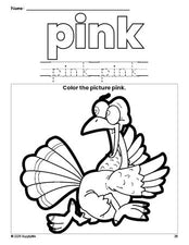 Free Thanksgiving turkey color pink coloring page and color worksheet, pink worksheet for preschoolers to learn colors, printable PDF