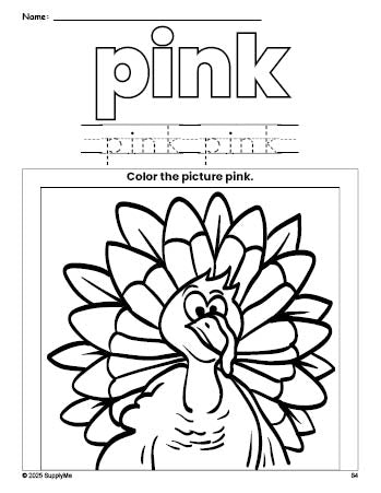 Free Thanksgiving turkey color pink coloring page and color worksheet, pink worksheet for preschoolers to learn colors, printable PDF