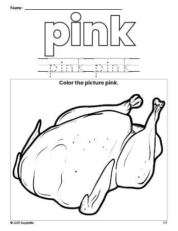 Free Thanksgiving turkey color pink coloring page and color worksheet, pink worksheet for preschoolers to learn colors, printable PDF