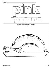 Free Thanksgiving turkey color pink coloring page and color worksheet, pink worksheet for preschoolers to learn colors, printable PDF