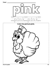 Free Thanksgiving turkey color pink coloring page and color worksheet, pink worksheet for preschoolers to learn colors, printable PDF