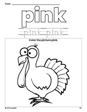 Free Thanksgiving turkey color pink coloring page and color worksheet, pink worksheet for preschoolers to learn colors, printable PDF