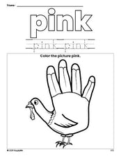 Free Thanksgiving turkey color pink coloring page and color worksheet, pink worksheet for preschoolers to learn colors, printable PDF