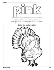 Free Thanksgiving turkey color pink coloring page and color worksheet, pink worksheet for preschoolers to learn colors, printable PDF