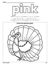 Free Thanksgiving turkey color pink coloring page and color worksheet, pink worksheet for preschoolers to learn colors, printable PDF