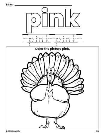 Free Thanksgiving turkey color pink coloring page and color worksheet, pink worksheet for preschoolers to learn colors, printable PDF