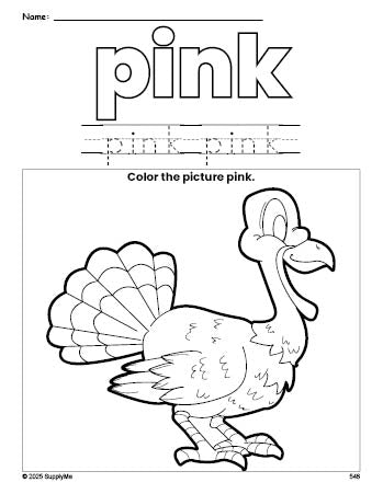 Free Thanksgiving turkey color pink coloring page and color worksheet, pink worksheet for preschoolers to learn colors, printable PDF