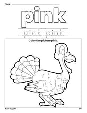 Free Thanksgiving turkey color pink coloring page and color worksheet, pink worksheet for preschoolers to learn colors, printable PDF