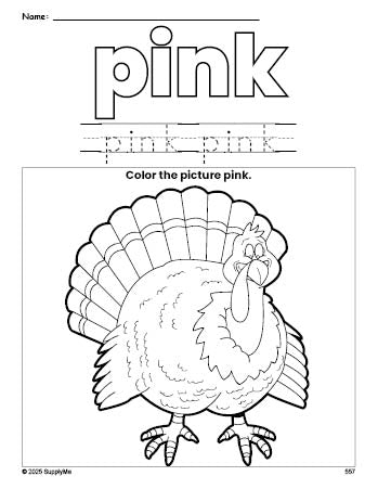 Free Thanksgiving turkey color pink coloring page and color worksheet, pink worksheet for preschoolers to learn colors, printable PDF