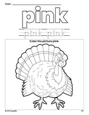 Free Thanksgiving turkey color pink coloring page and color worksheet, pink worksheet for preschoolers to learn colors, printable PDF