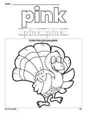 Free Thanksgiving turkey color pink coloring page and color worksheet, pink worksheet for preschoolers to learn colors, printable PDF