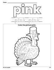 Free Thanksgiving turkey color pink coloring page and color worksheet, pink worksheet for preschoolers to learn colors, printable PDF