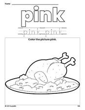 Free Thanksgiving turkey color pink coloring page and color worksheet, pink worksheet for preschoolers to learn colors, printable PDF