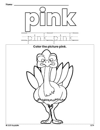 Free Thanksgiving turkey color pink coloring page and color worksheet, pink worksheet for preschoolers to learn colors, printable PDF