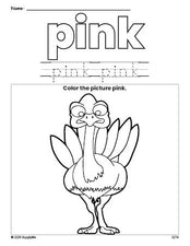 Free Thanksgiving turkey color pink coloring page and color worksheet, pink worksheet for preschoolers to learn colors, printable PDF