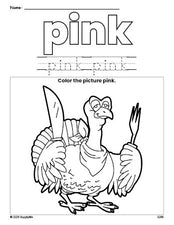 Free Thanksgiving turkey color pink coloring page and color worksheet, pink worksheet for preschoolers to learn colors, printable PDF