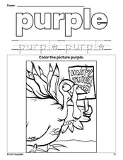 Free Thanksgiving turkey color purple coloring page and color worksheet, purple worksheet for preschoolers to learn colors, printable PDF