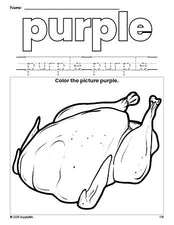 Free Thanksgiving turkey color purple coloring page and color worksheet, purple worksheet for preschoolers to learn colors, printable PDF