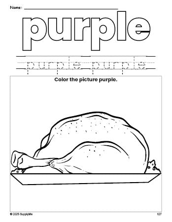 Free Thanksgiving turkey color purple coloring page and color worksheet, purple worksheet for preschoolers to learn colors, printable PDF