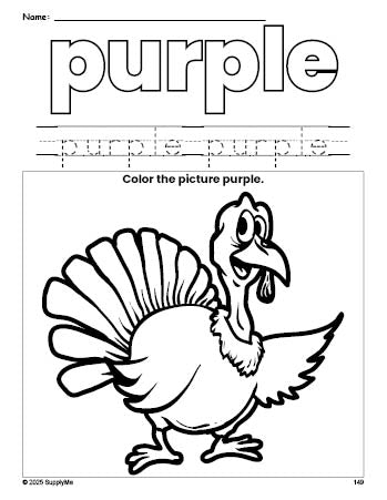 Free Thanksgiving turkey color purple coloring page and color worksheet, purple worksheet for preschoolers to learn colors, printable PDF