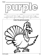 Free Thanksgiving turkey color purple coloring page and color worksheet, purple worksheet for preschoolers to learn colors, printable PDF