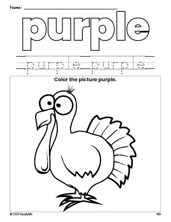 Free Thanksgiving turkey color purple coloring page and color worksheet, purple worksheet for preschoolers to learn colors, printable PDF