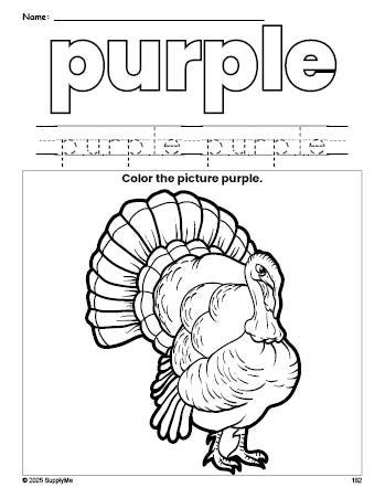 Free Thanksgiving turkey color purple coloring page and color worksheet, purple worksheet for preschoolers to learn colors, printable PDF