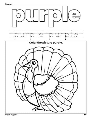 Free Thanksgiving turkey color purple coloring page and color worksheet, purple worksheet for preschoolers to learn colors, printable PDF