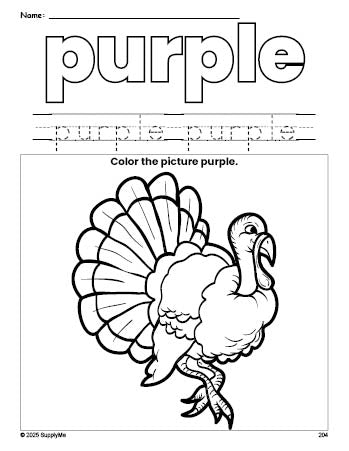 Free Thanksgiving turkey color purple coloring page and color worksheet, purple worksheet for preschoolers to learn colors, printable PDF