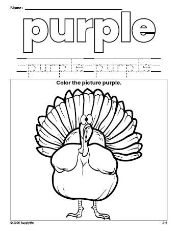 Free Thanksgiving turkey color purple coloring page and color worksheet, purple worksheet for preschoolers to learn colors, printable PDF