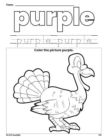 Free Thanksgiving turkey color purple coloring page and color worksheet, purple worksheet for preschoolers to learn colors, printable PDF