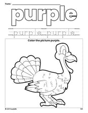 Free Thanksgiving turkey color purple coloring page and color worksheet, purple worksheet for preschoolers to learn colors, printable PDF