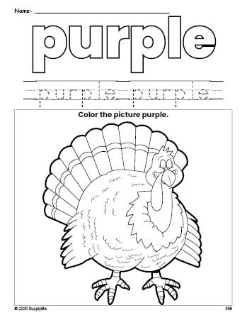 Free Thanksgiving turkey color purple coloring page and color worksheet, purple worksheet for preschoolers to learn colors, printable PDF