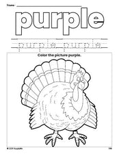 Free Thanksgiving turkey color purple coloring page and color worksheet, purple worksheet for preschoolers to learn colors, printable PDF